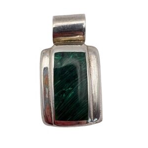 Sterling Silver 925 Mexico Malachite Rectangle Pendant 12.37g Green Large Bail